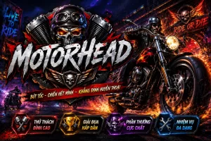 Giao diện động cơ xe mô tô gầm hú và ánh kim kim loại trong 8KET MOTORHEAD